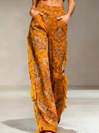 Retro Floral Print Fringed Wide-Leg Pants - cas7m