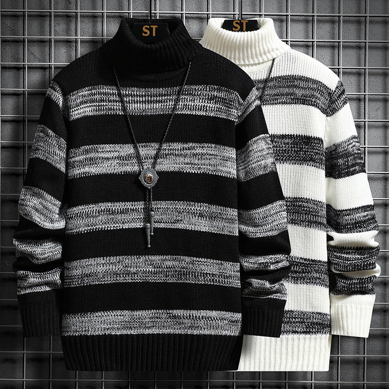 High-neck Men's Autumn And Winter Long-sleeved Trendy Slim Striped Sweater - cas7m