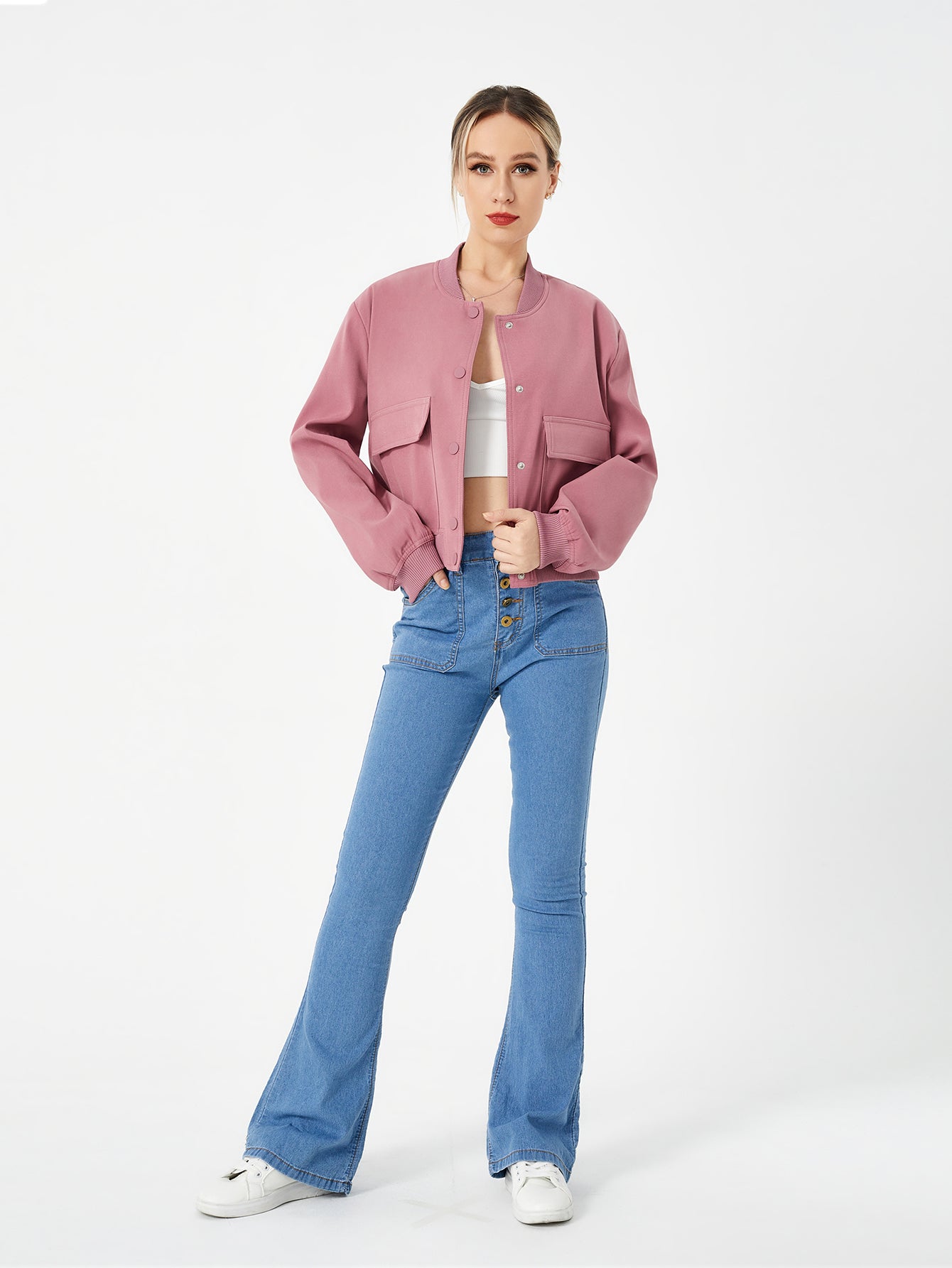 Women's Lightweight Cropped Bomber Jacket Casual Long Sleeve Varsity Jacket With Pocket Fashion Y2k Jacket Streetwear - cas7m