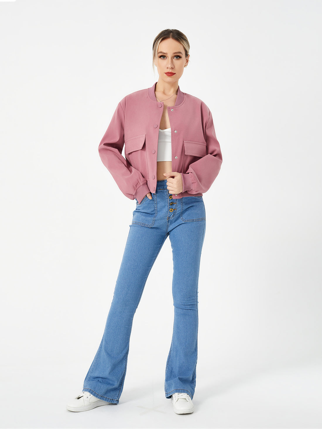Women's Lightweight Cropped Bomber Jacket Casual Long Sleeve Varsity Jacket With Pocket Fashion Y2k Jacket Streetwear - cas7m