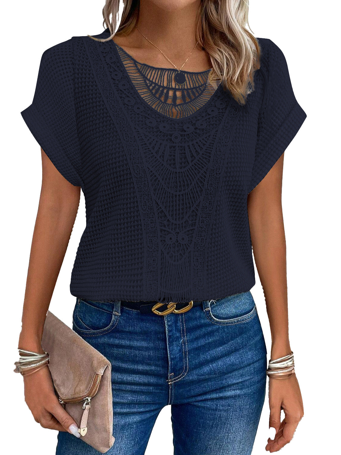 Independent Site Hollowed Lace Patchwork Plus-size Short-sleeve T-shirt Cross-border - cas7m