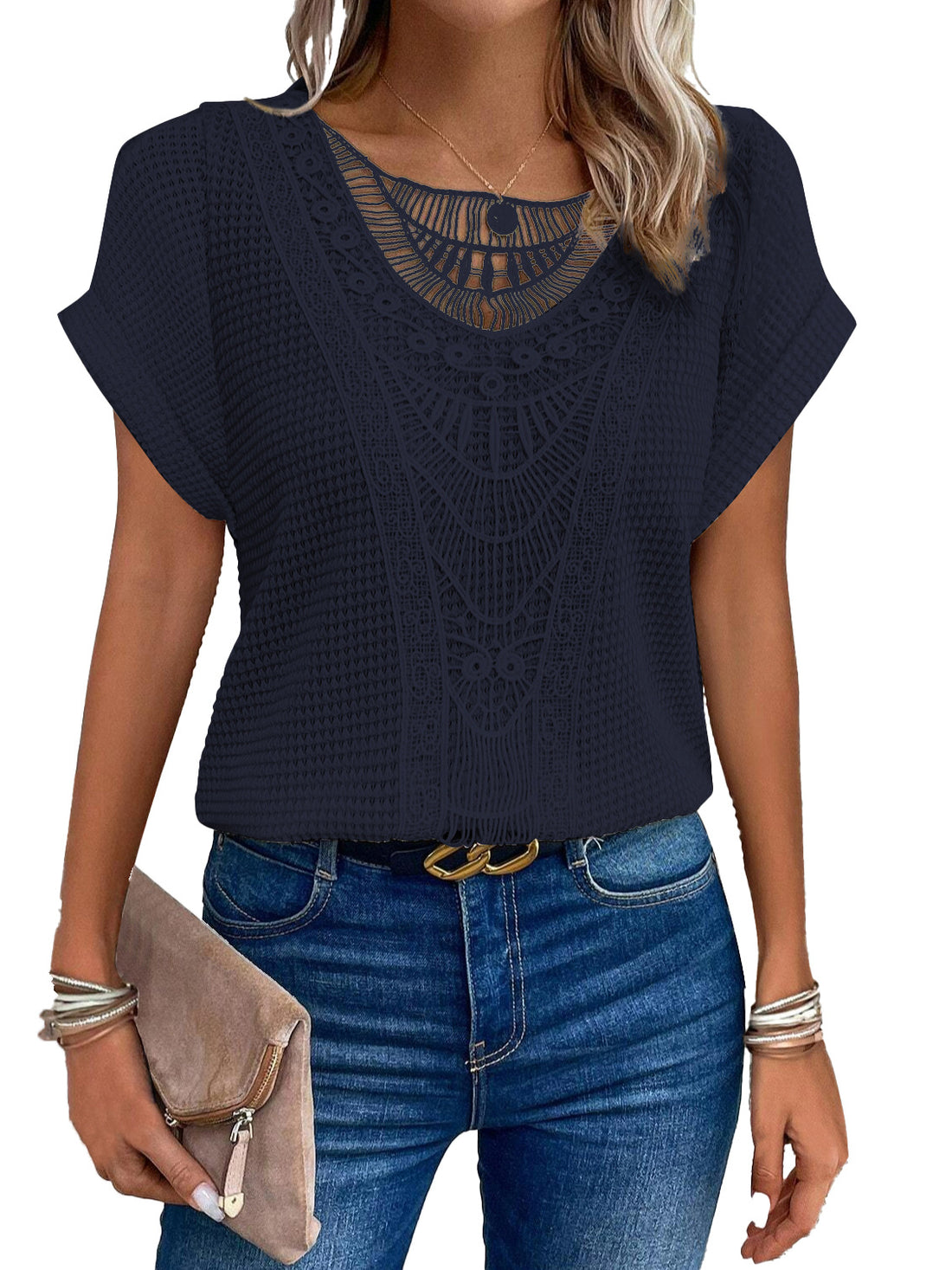 Independent Site Hollowed Lace Patchwork Plus-size Short-sleeve T-shirt Cross-border - cas7m