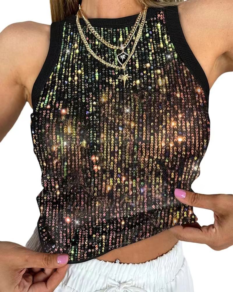 Sexy Cropped Sleeveless Sequin Leopard Print Vest - cas7m