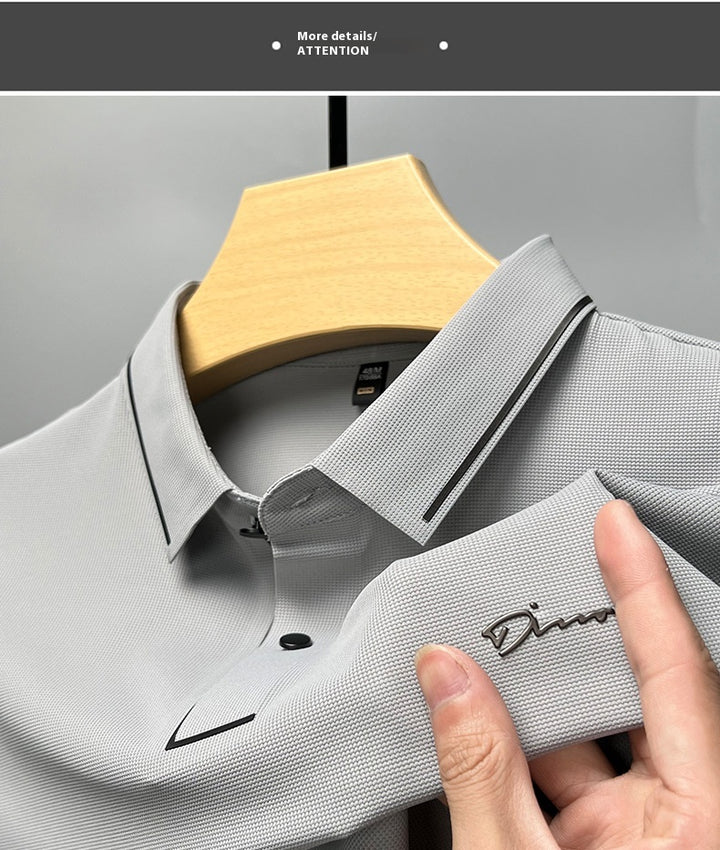 Ice Silk Short Sleeve T-shirt Men's Shirt Collar Summer Polo Shirt Loose Clothes Split - cas7m