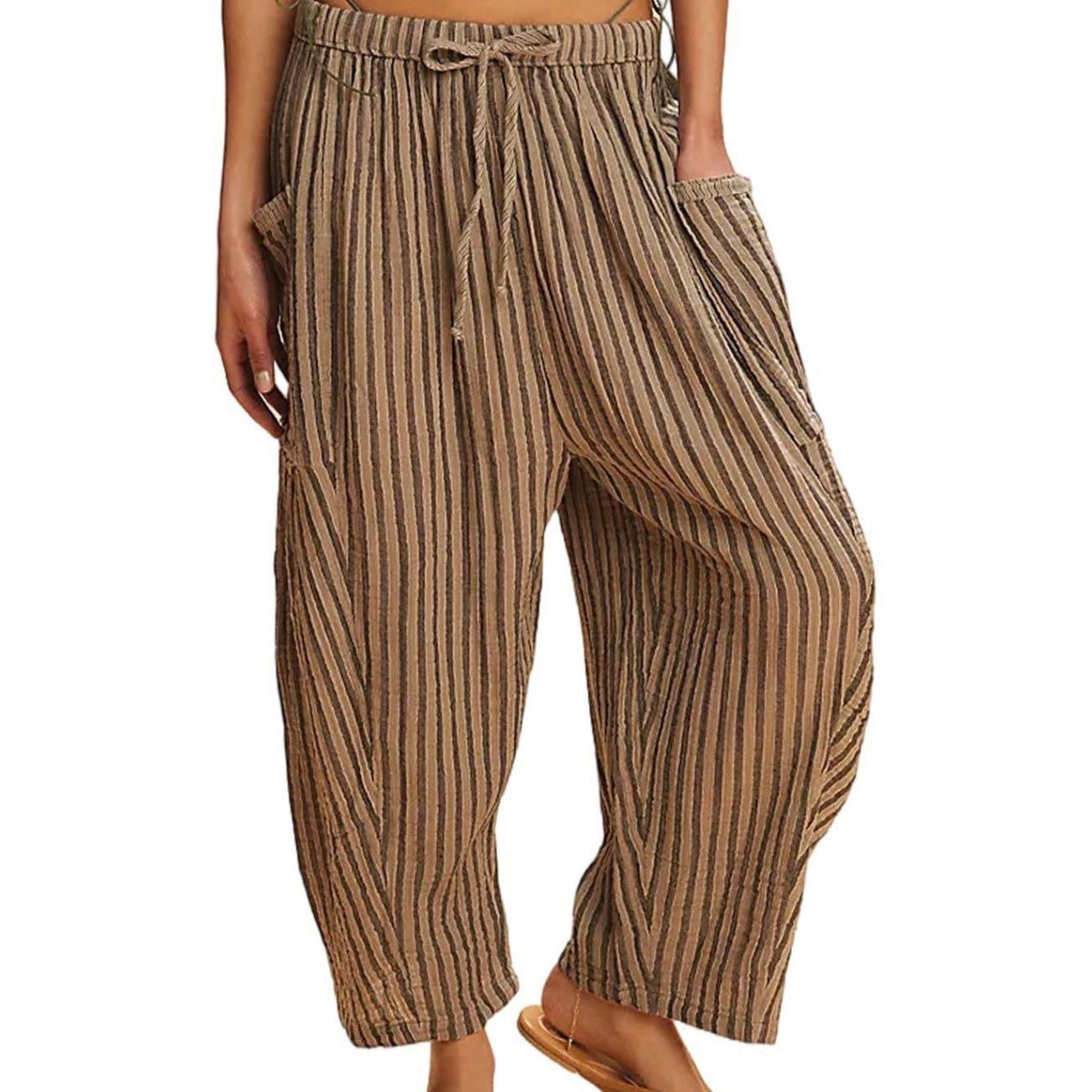 Striped Straight-leg Pants Elastic Waist Cropped Pleated Pants - cas7m