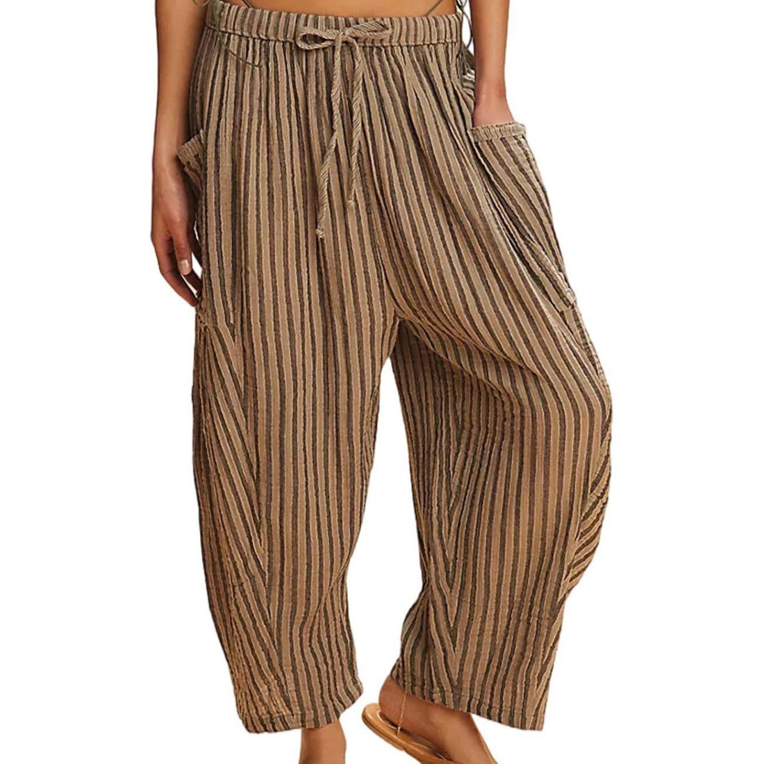 Striped Straight-leg Pants Elastic Waist Cropped Pleated Pants - cas7m