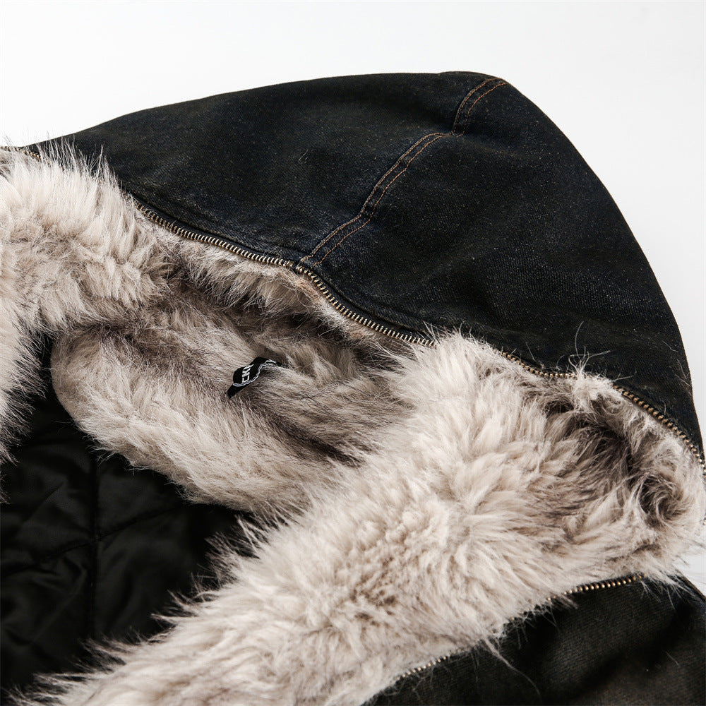 Distressed Dirty Denim Hooded Cotton Coat Jacket Winter Men - cas7m
