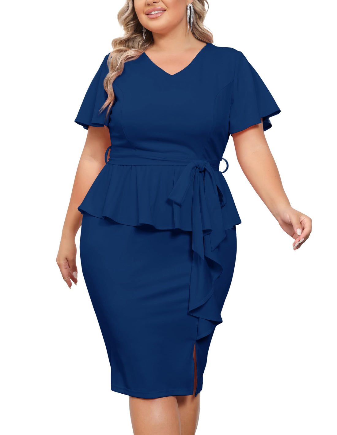 Woman wearing a blue dress with ruffled layers on a white background