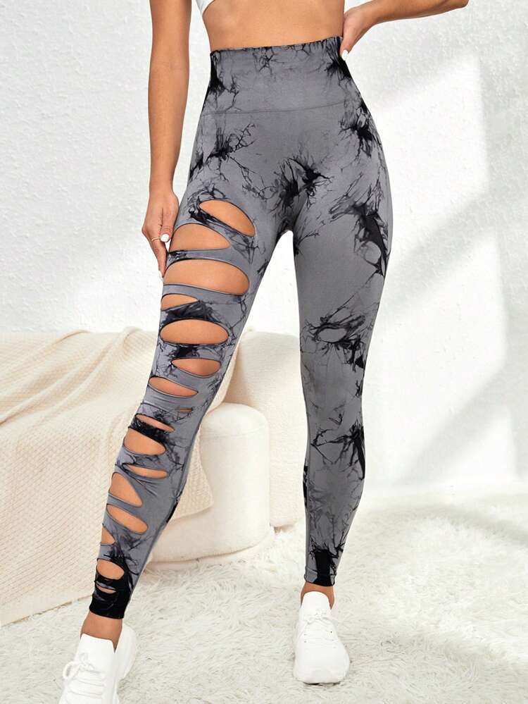 Hollow Tie-dye Yoga Pants High Waist Hip Lift Fitness Pants - cas7m