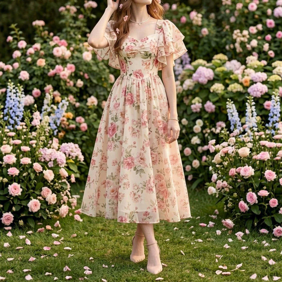 Square-neck Puff-sleeve Floral Print Waist-cinched Midi Dress With A Flared Hem - cas7m