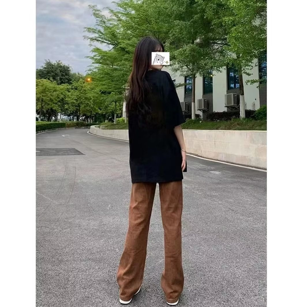 American Retro Brown Straight-leg Denim Pants - cas7m