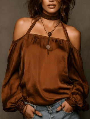 Halter Neck Off-shoulder Puff Sleeve Top For Women - cas7m
