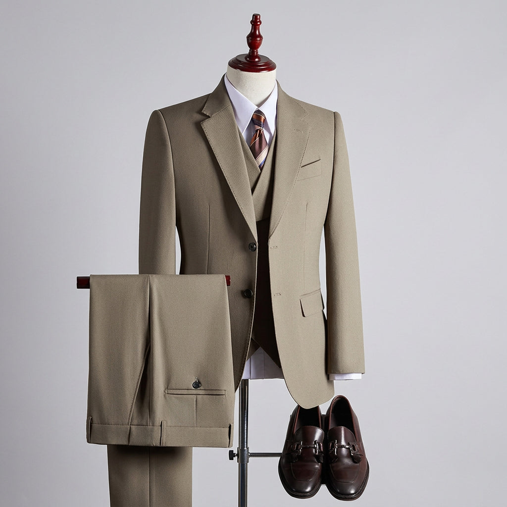 A beige three-piece suit displayed on a mannequin with a white dress shirt and patterned tie, alongside matching trousers folded on a stand, black dress shoes, and a vintage phone against a neutral studio backdrop. The brand name 'MY LOSEN' is displayed at the bottom.