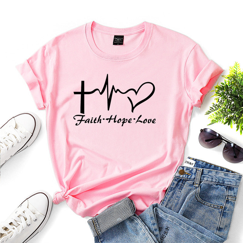 Faith Hope Love Letter Short-sleeved Cotton Bottoming Shirt - cas7m