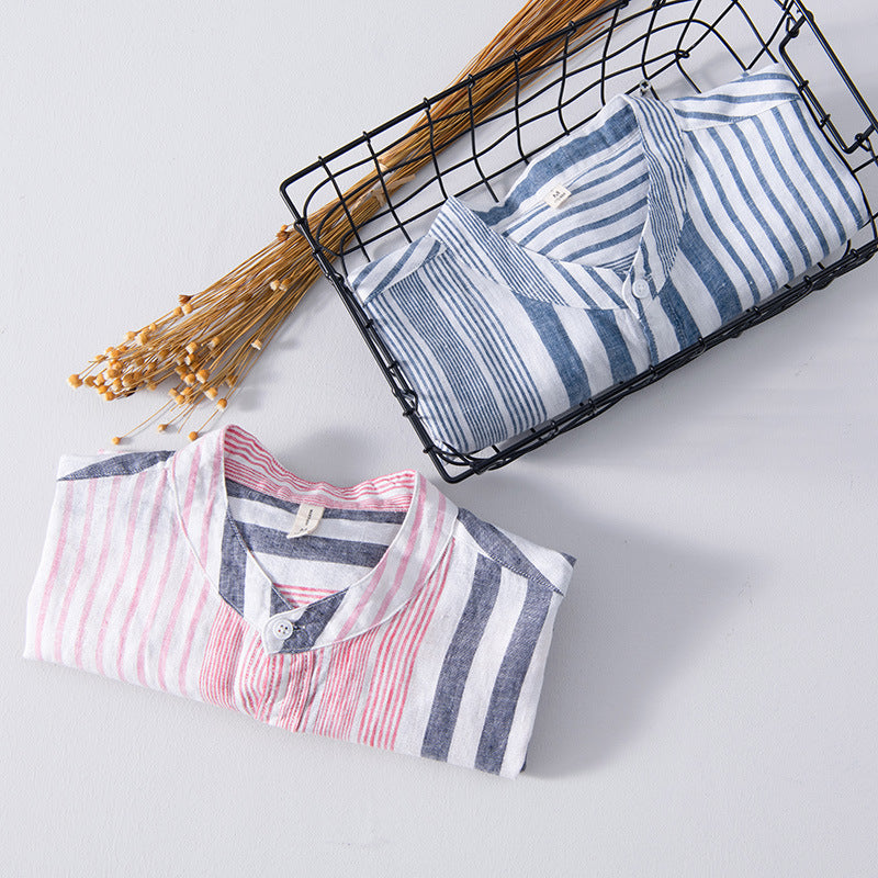 Men's Half Sleeve Striped Shirt Casual Linen Breathable Color Matching Short Sleeve Shirt Men - cas7m
