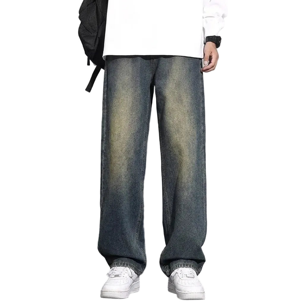 A person wearing loose, wide-leg straight denim jeans with a faded wash, styled with a white shirt, white sneakers, and a black backpack. The image includes text reading 'Loose straight' and two small inset views showing different leg lengths of the same jeans.