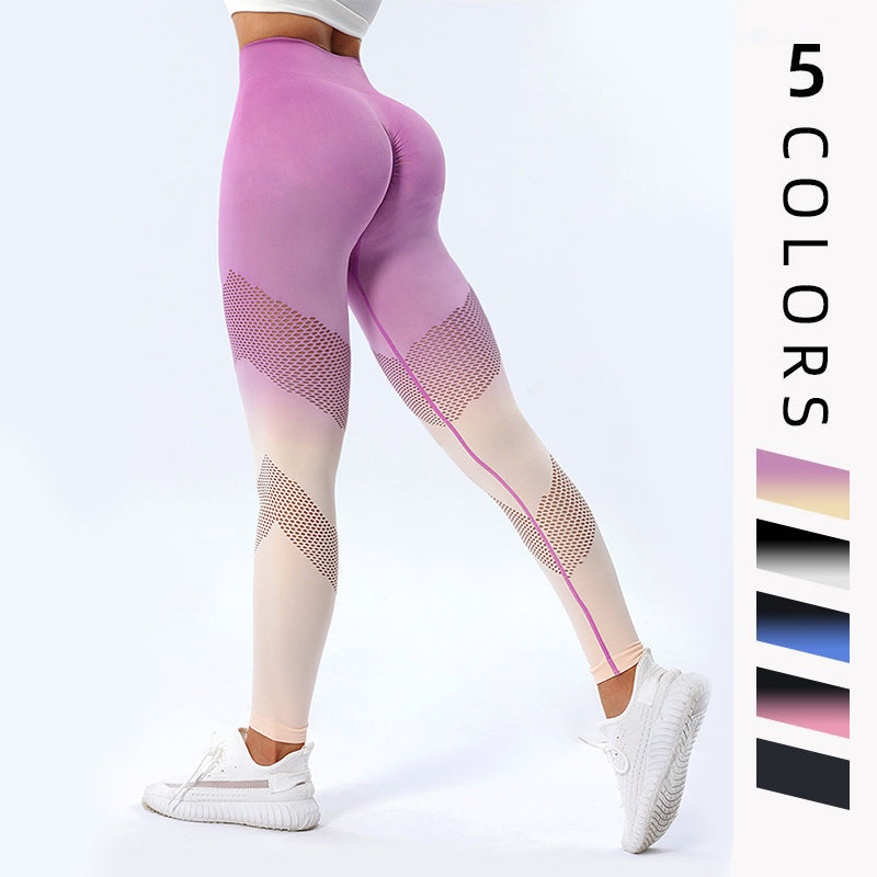 New Hollow Design Gradient Printed Yoga Pants Seamless High Waist Hip Lifting Fitness Leggings For Women Quick Drying Trousers - cas7m