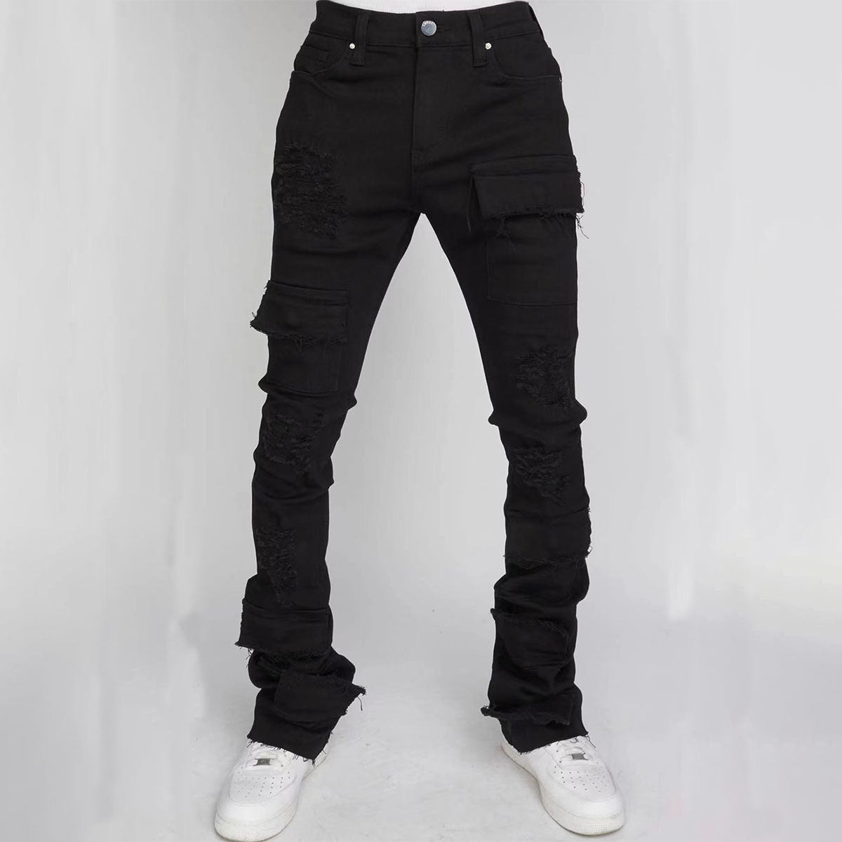 Men's Denim Straight-leg Overalls European And American Fashion Stretch Ripped Laminated Micro-pull Pants - cas7m