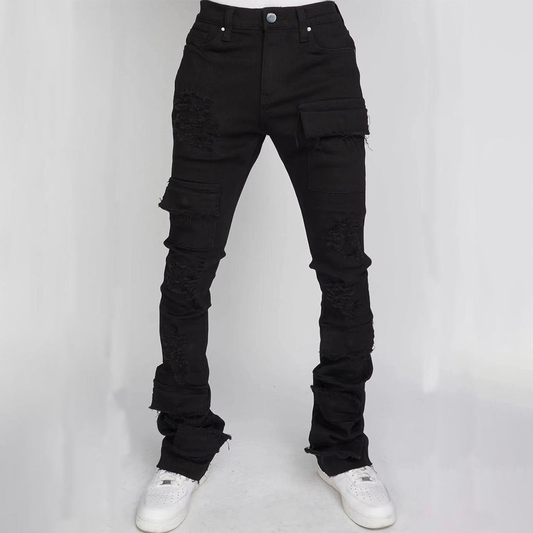 Men's Denim Straight-leg Overalls European And American Fashion Stretch Ripped Laminated Micro-pull Pants - cas7m