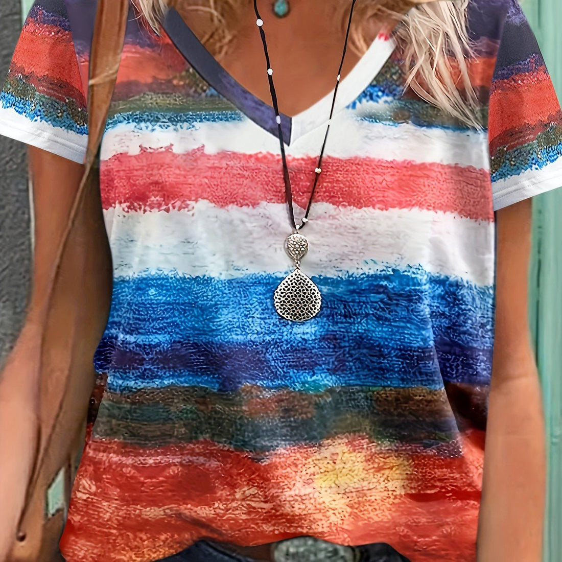 Casual Top Fashion Trend Stripes Short Sleeve Women V-neck - cas7m