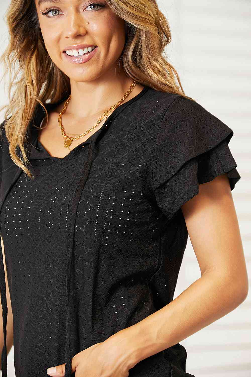 Elegant Eyelet Flutter Blouse