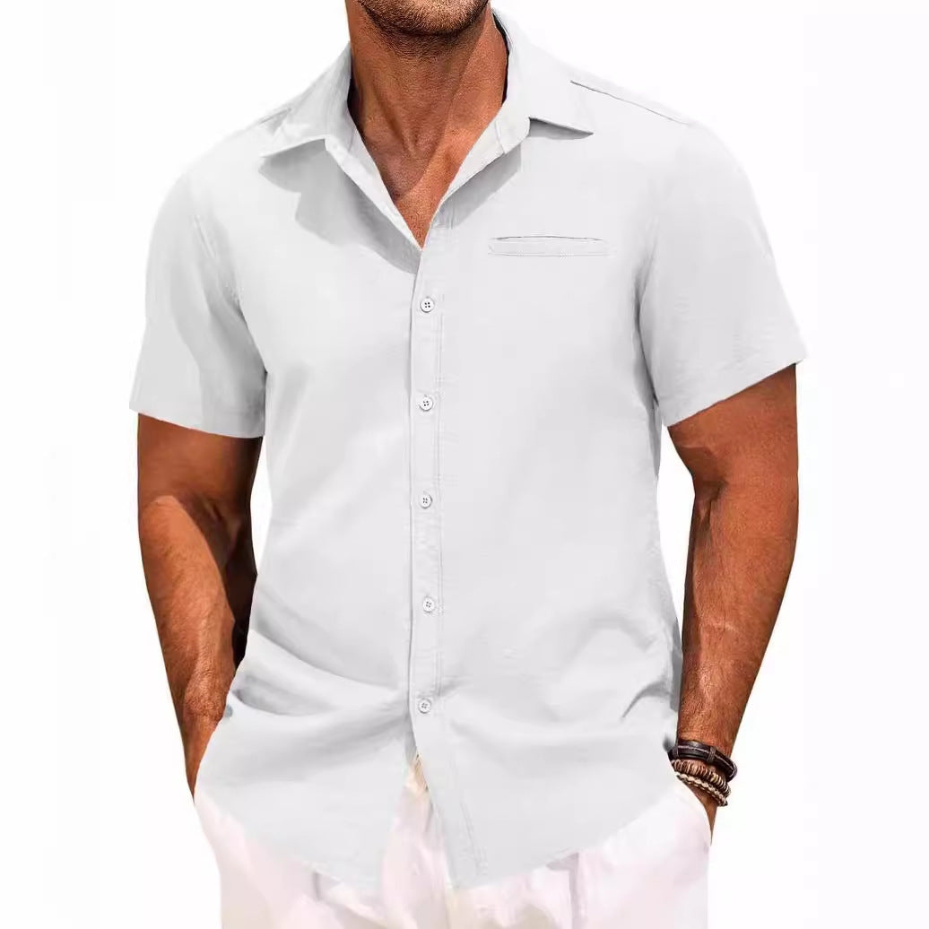 Polo Collar Solid Color Short Sleeve Button Shirt - cas7m