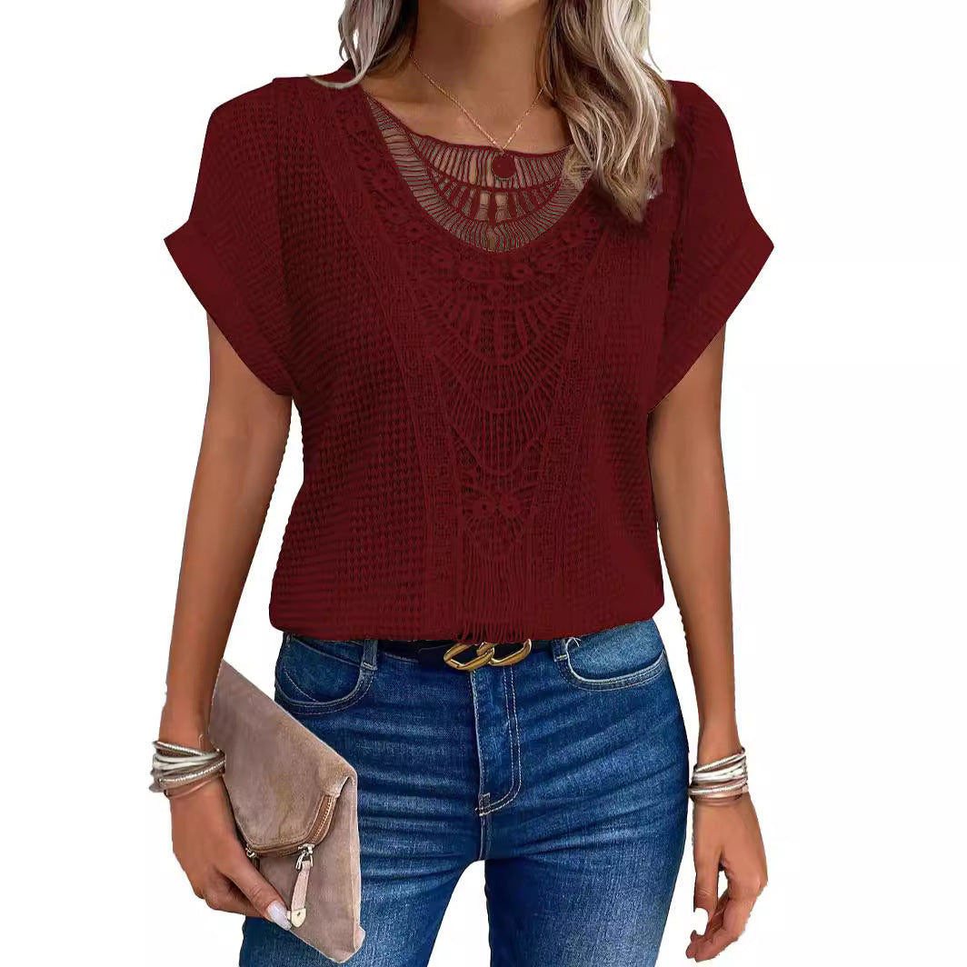 Independent Site Hollowed Lace Patchwork Plus-size Short-sleeve T-shirt Cross-border - cas7m