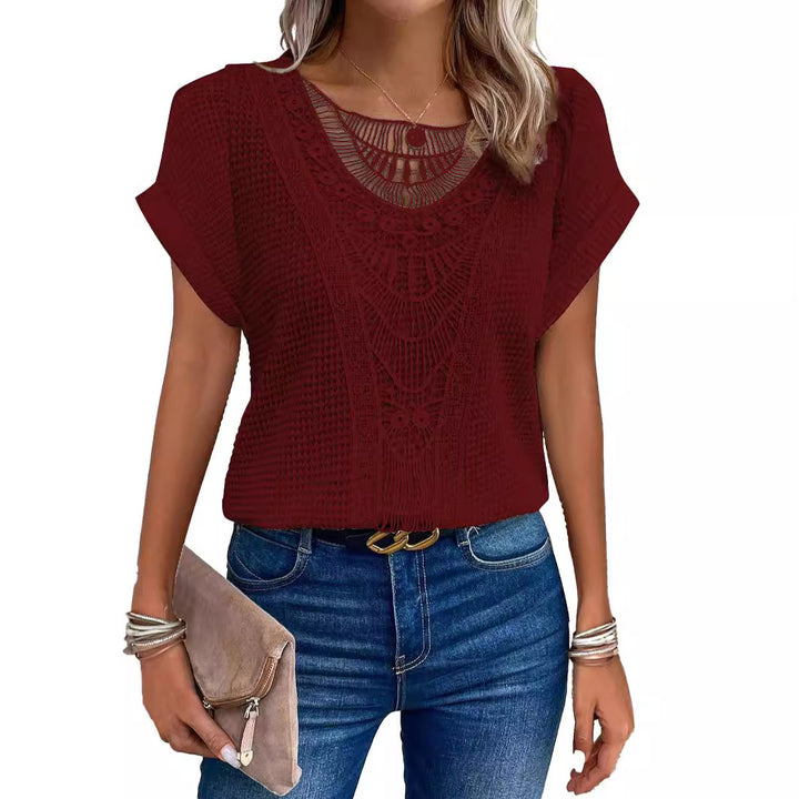 Independent Site Hollowed Lace Patchwork Plus-size Short-sleeve T-shirt Cross-border - cas7m