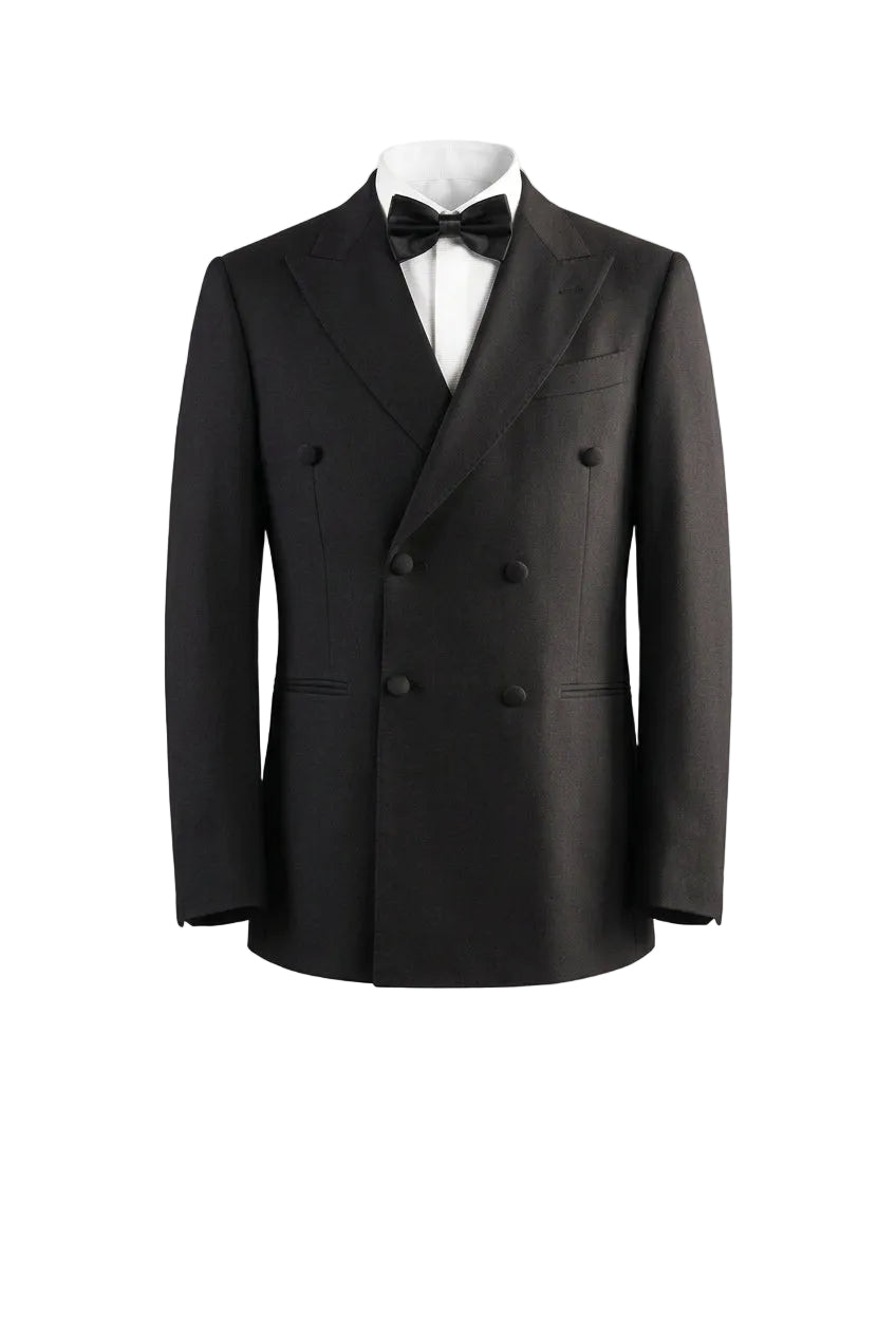 Close-up of a black double-breasted suit jacket with matching black buttons, showing the lapel, fabric texture, and side pockets.