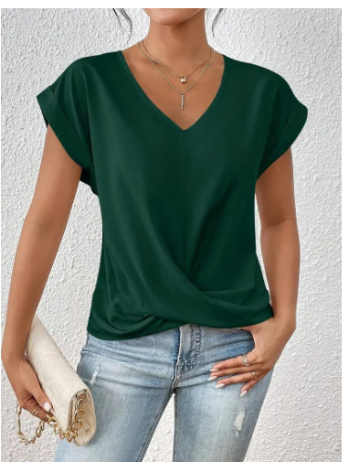 Fashion V-neck Short-sleeve T-shirt Summer Casual Irregular Knot Top For Women Clothing - cas7m