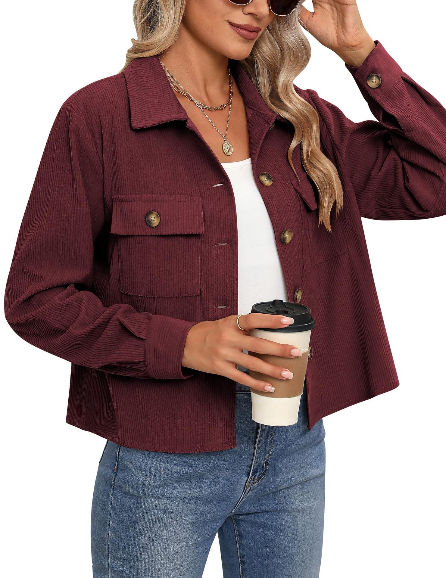 Corduroy Button Cropped Jacket For Women - cas7m