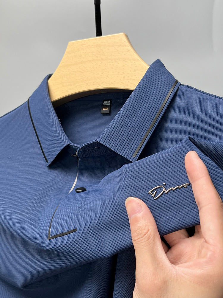 Ice Silk Short Sleeve T-shirt Men's Shirt Collar Summer Polo Shirt Loose Clothes Split - cas7m