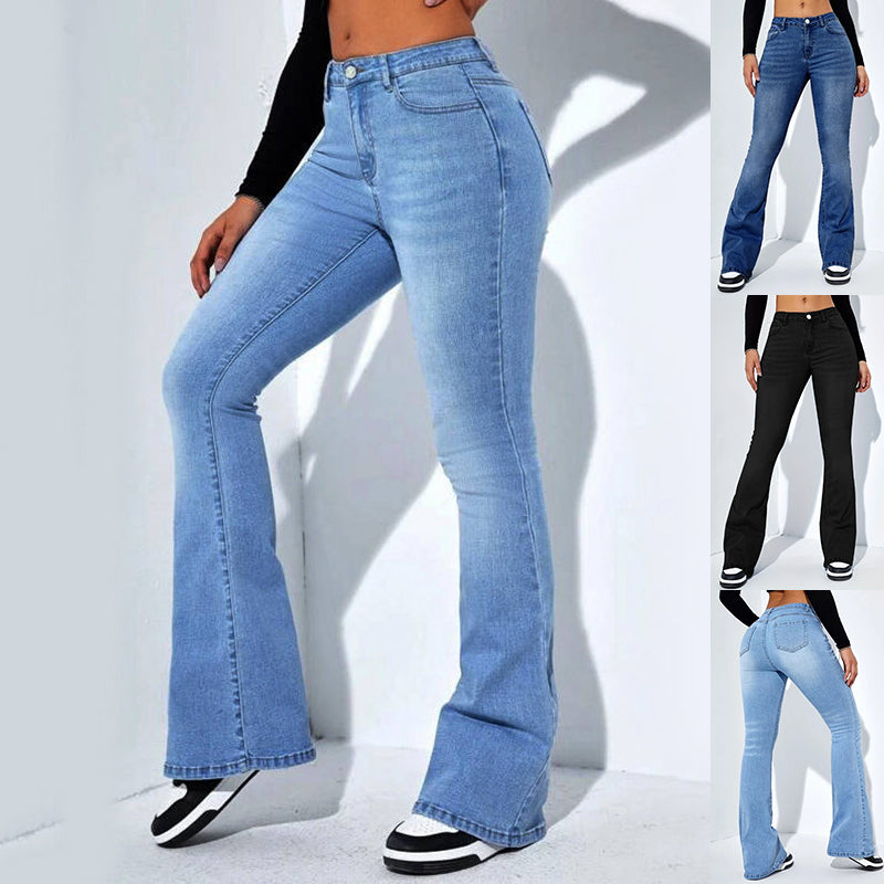 Women's Slim-fit Jeans Pants With Flared Design Fashion Casual High Waist Stretch Trousers - cas7m