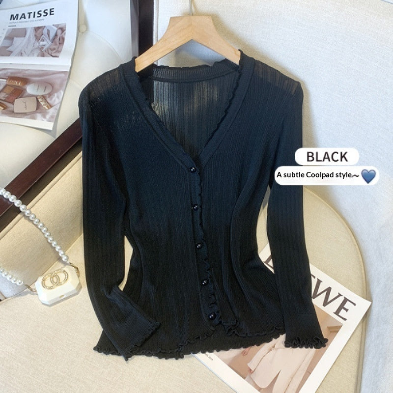 Summer Knitted Thin Outerwear Shawl Womens Long-Sleeve Short Sun-Protective Jacket - cas7m