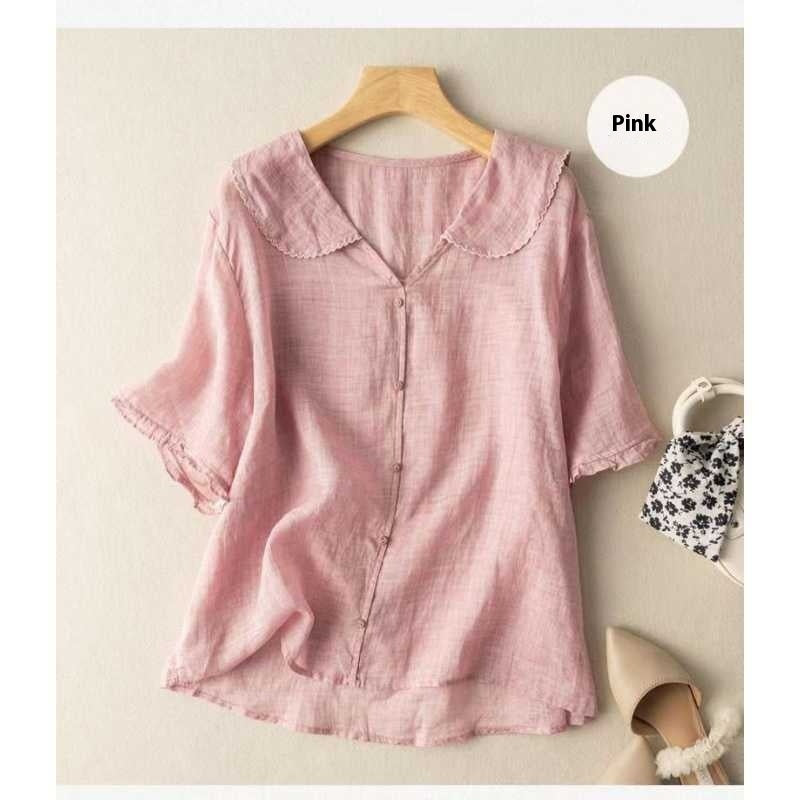 Women's Ramie Artistic Retro Cotton And Linen Doll Collar Loose Top - cas7m