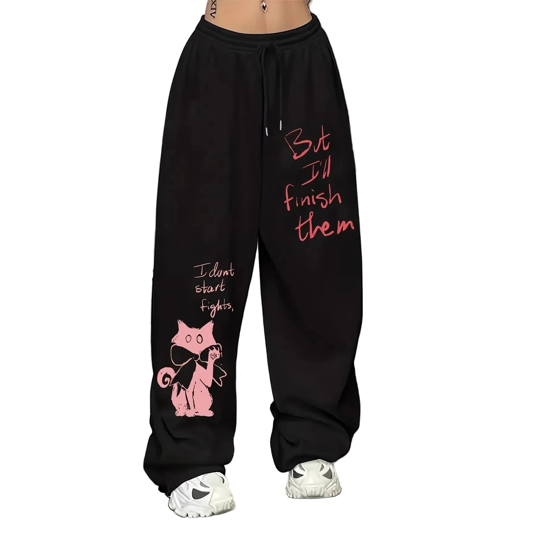 Black wide-leg sweatpants with pink graphic prints and text, worn by a model standing on gray steps.