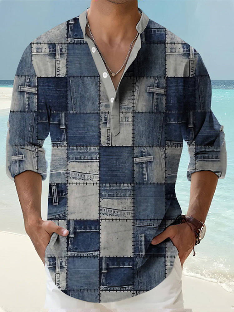 Thin Casual Digital Bamboo Linen Hawaiian Long Sleeve Shirt - cas7m