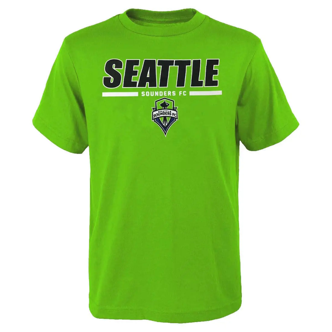 A bright neon green short-sleeve t-shirt featuring the Seattle Sounders FC logo and text printed on the chest, displayed against a solid white background.