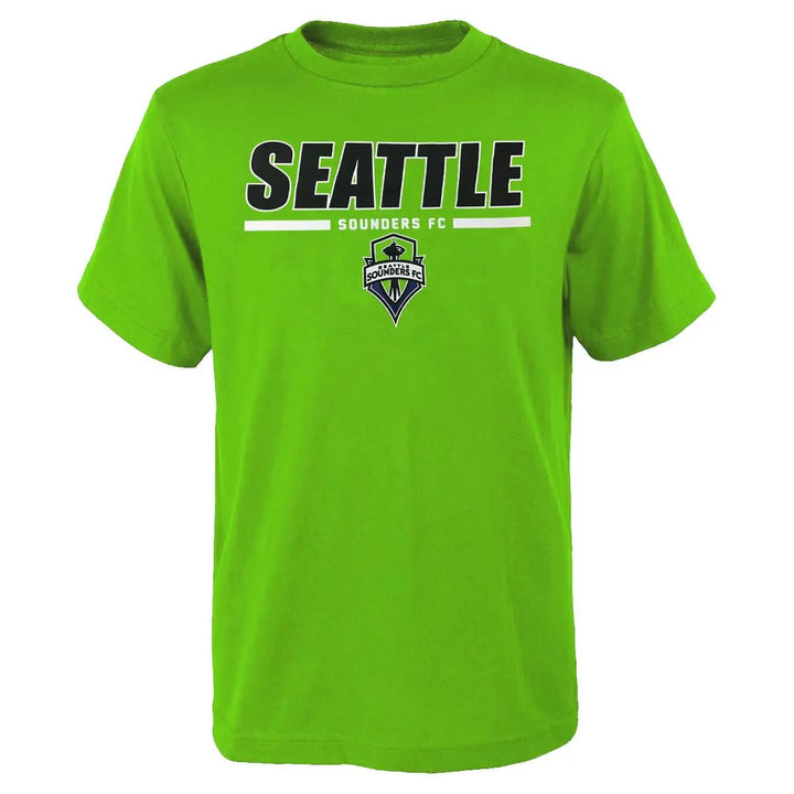 A bright neon green short-sleeve t-shirt featuring the Seattle Sounders FC logo and text printed on the chest, displayed against a solid white background.
