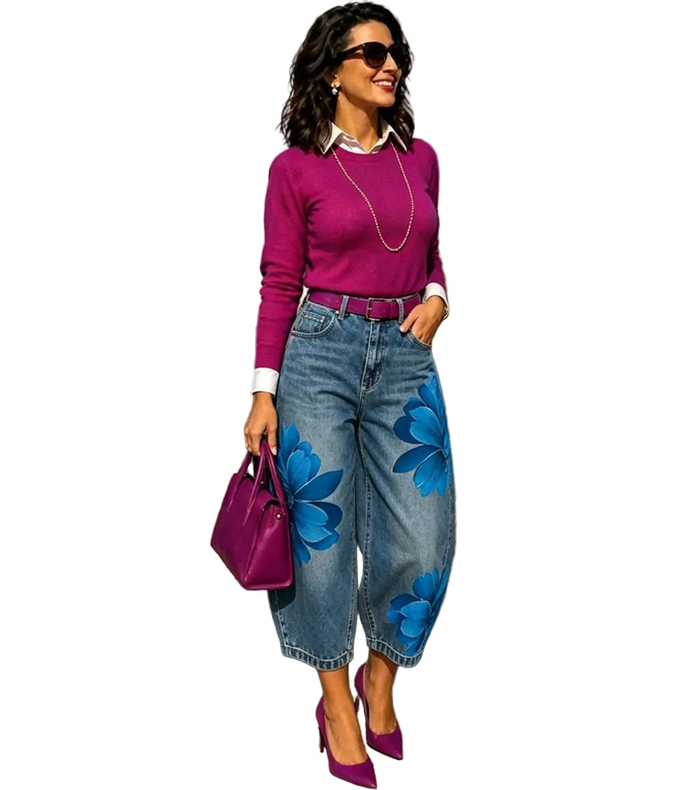 Women's Floral Denim Pants Street Style Printed Design Cropped Jeans