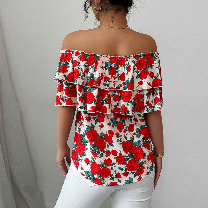 Off-shoulder Short-sleeved Shirt Double-layer Ruffled Women's Clothing - cas7m