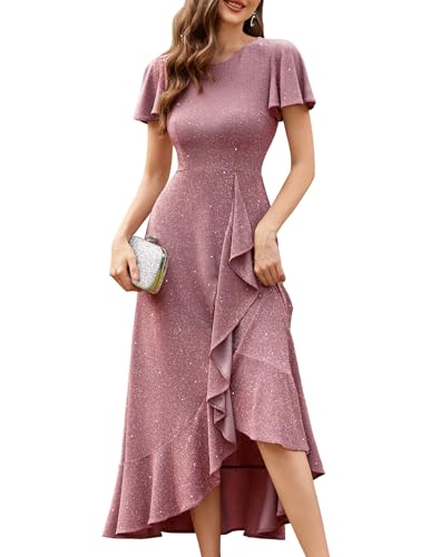 Woman wearing a pink dress with ruffled details on a white background