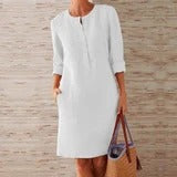 Plus Size Women's Cotton And Linen Round Neck Long Sleeve Dress - cas7m