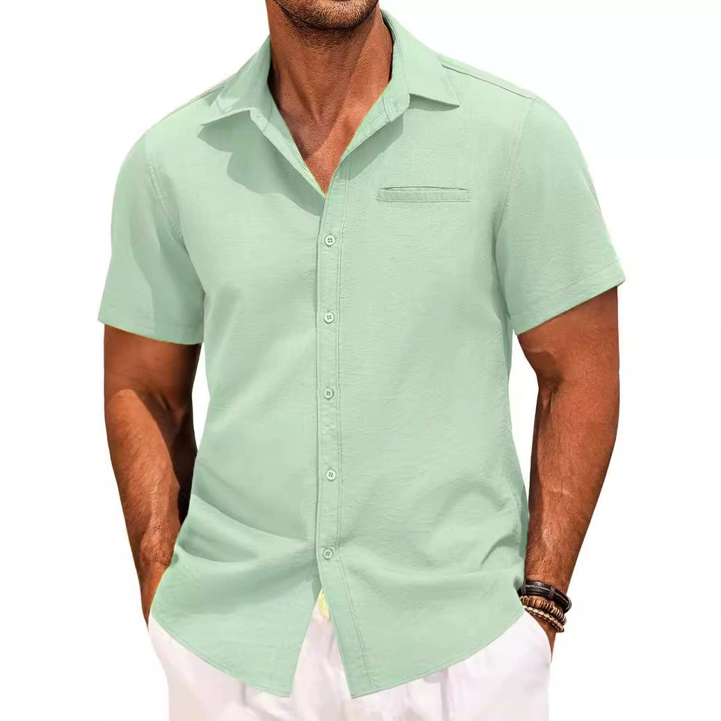 Polo Collar Solid Color Short Sleeve Button Shirt - cas7m
