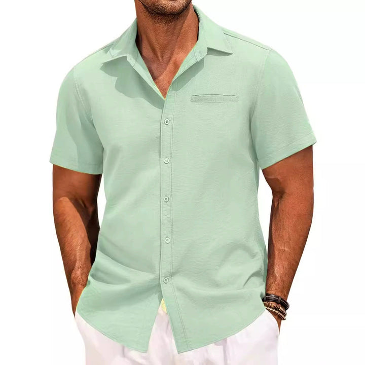 Polo Collar Solid Color Short Sleeve Button Shirt - cas7m