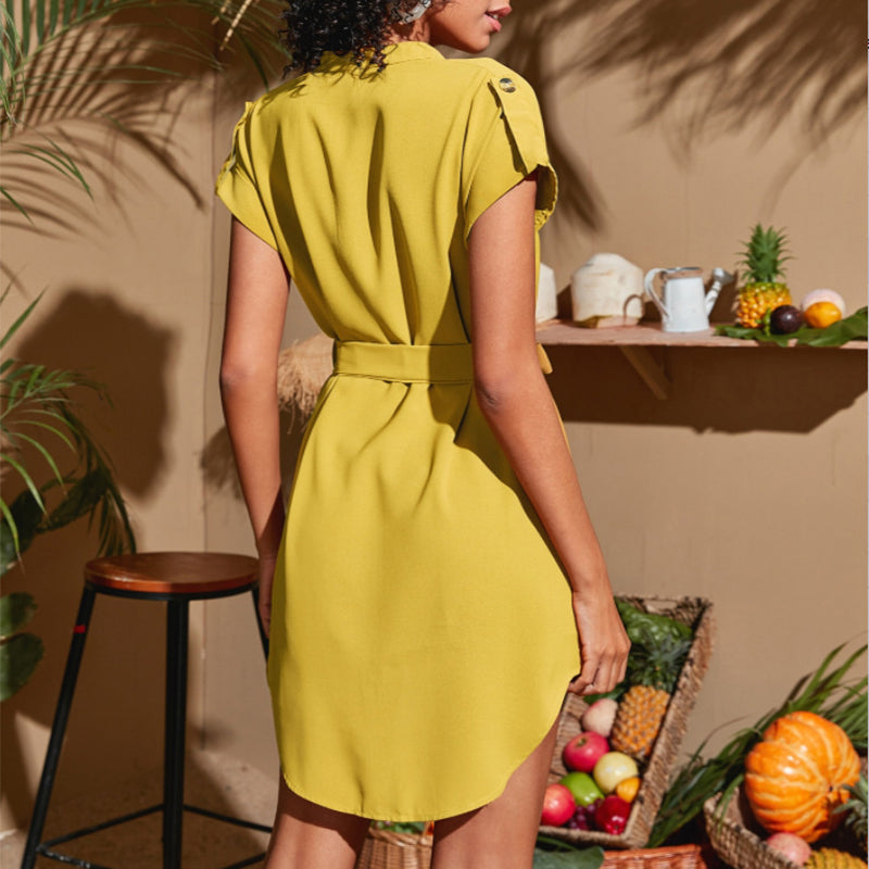 V-neck Short Sleeve Dress With Belt Summer Fashion Bowknot Dresses For Women Clothing - cas7m