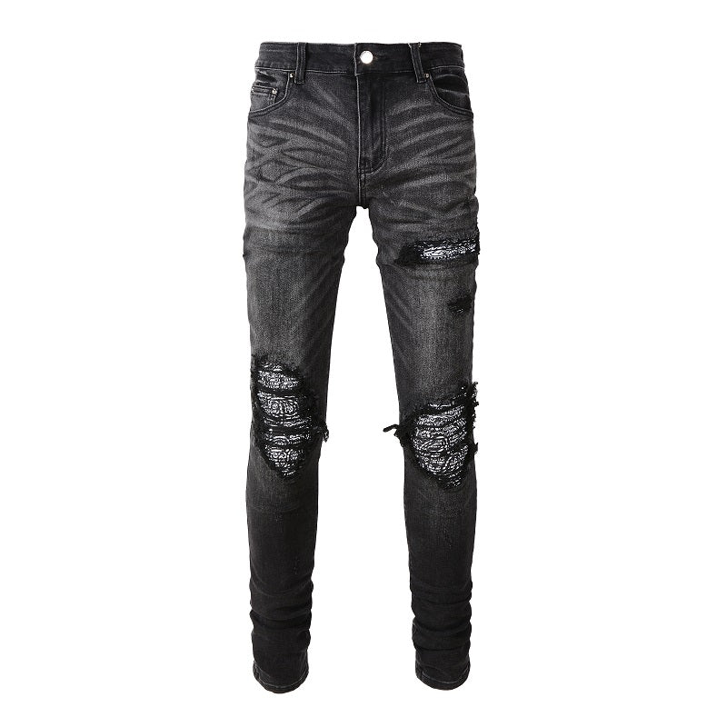 New High Street Washed Broken Cashew Flower Slim Casual Men's Jeans - cas7m