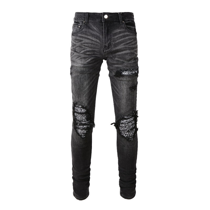 New High Street Washed Broken Cashew Flower Slim Casual Men's Jeans - cas7m
