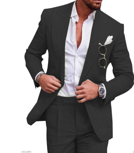 Men's Large Single Row One Button Solid Color Suit Two-piece Set - cas7m