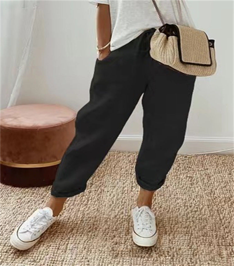 Cotton Linen Elastic-waist Cropped Pants Casual Women's Pants - cas7m